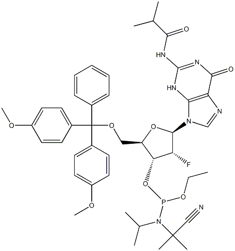 5’-O-[bis(4-metoksifenil)fenilmetil]-2’-deoksi-2’-fluor-N-(2-metil-1-oksopropil)guanozinas 3’-[2-cianoetilas N,N-bis( 1-metiletil)fosforamiditas]
